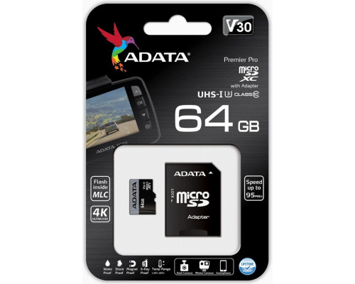 ADATA microSD Premier 64GB UHS-1/U3/V30+adapter (AUSDX64GUI3V30S-RA1)